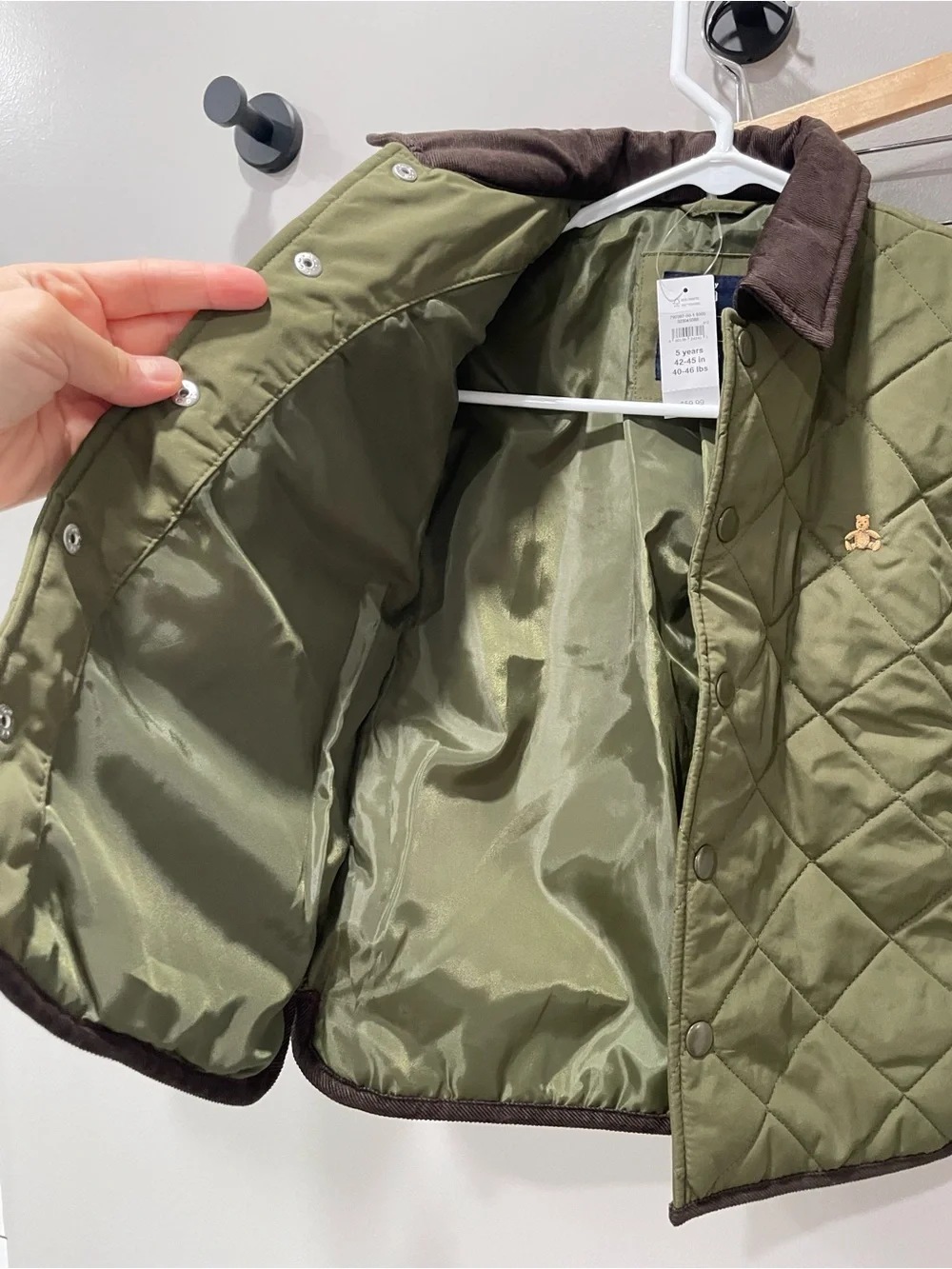 GAP Quilted Olive Green Puffer Jacket with Brown Collar